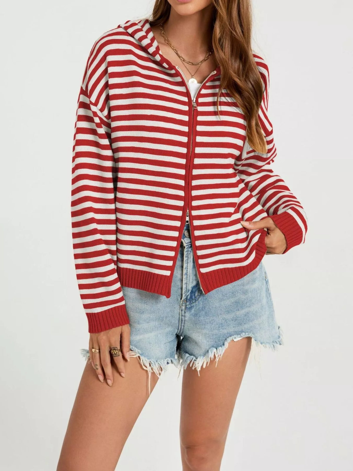 Striped Hooded Zip-Up Knit Cardigan - Lilixa.store