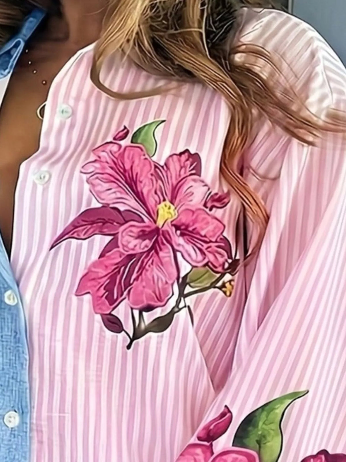 Color-Block Striped Floral Print Oversized Shirt in Multicolor, view 3