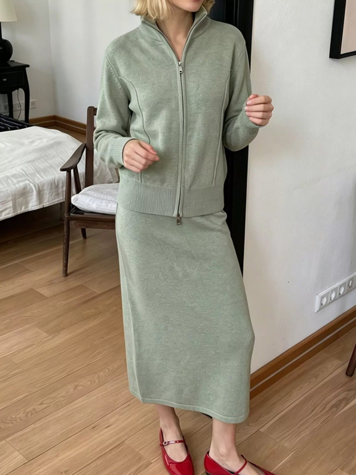 Zip-Up Mock Neck Cardigan and Matching Midi Skirt Sweater Set, view 9