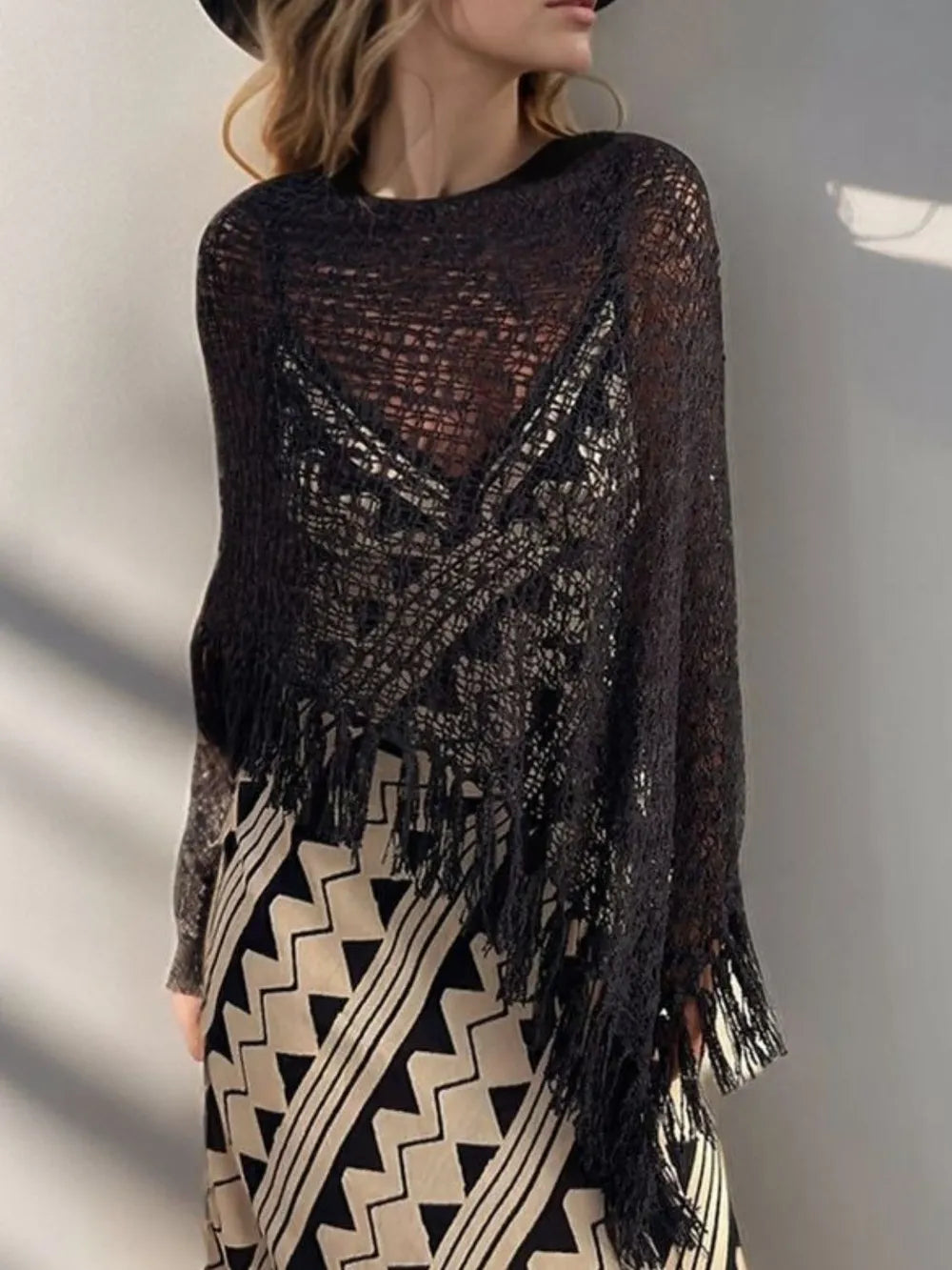 Tassel Boat Neck Knit Shawl - Lilixa.store