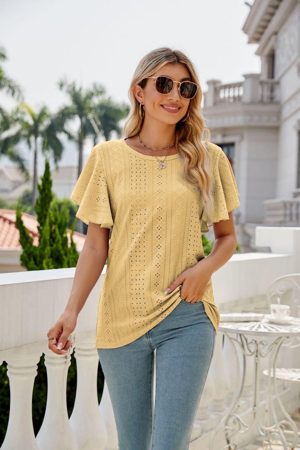 Eyelet Flutter Sleeve Round Neck Top, view 14