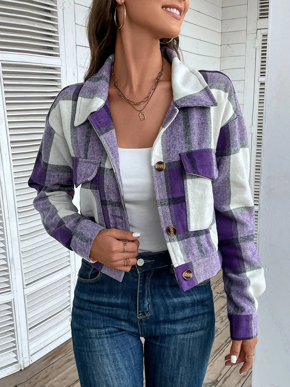Perfee Plaid Button Up Drop Shoulder Cropped Jacket, view 18