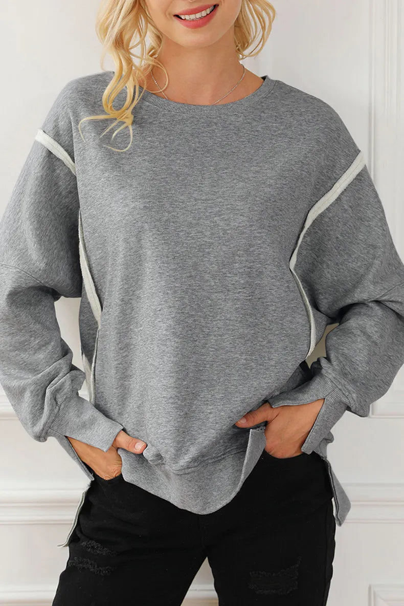 Exposed Seam High-Low Long Sleeve Sweatshirt - Lilixa.store