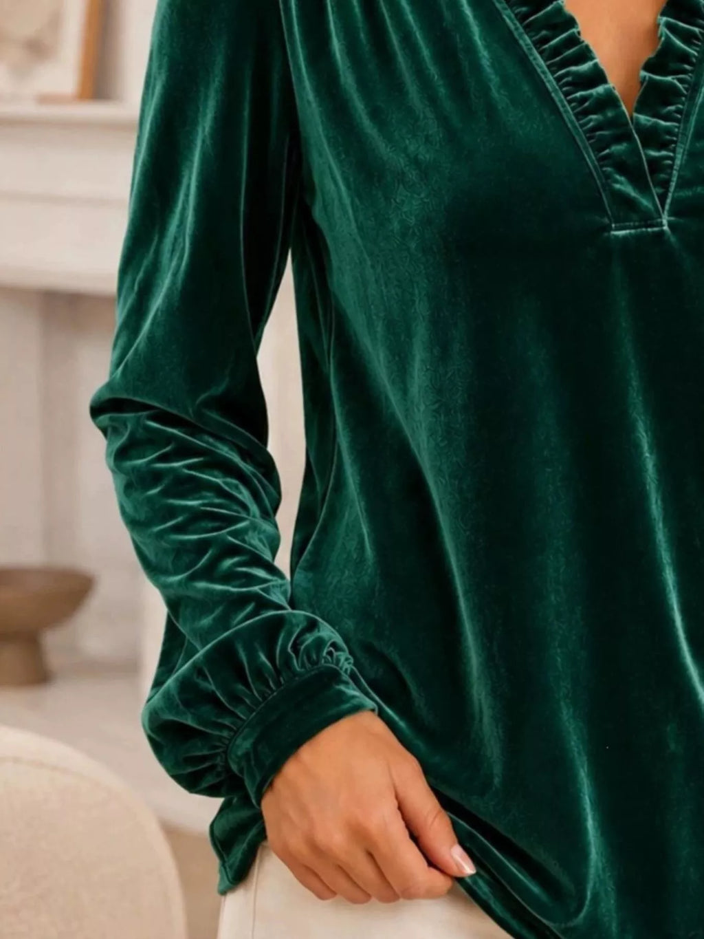 V-Neck Ruffle Trim Velvet Blouse - Lilixa.store
