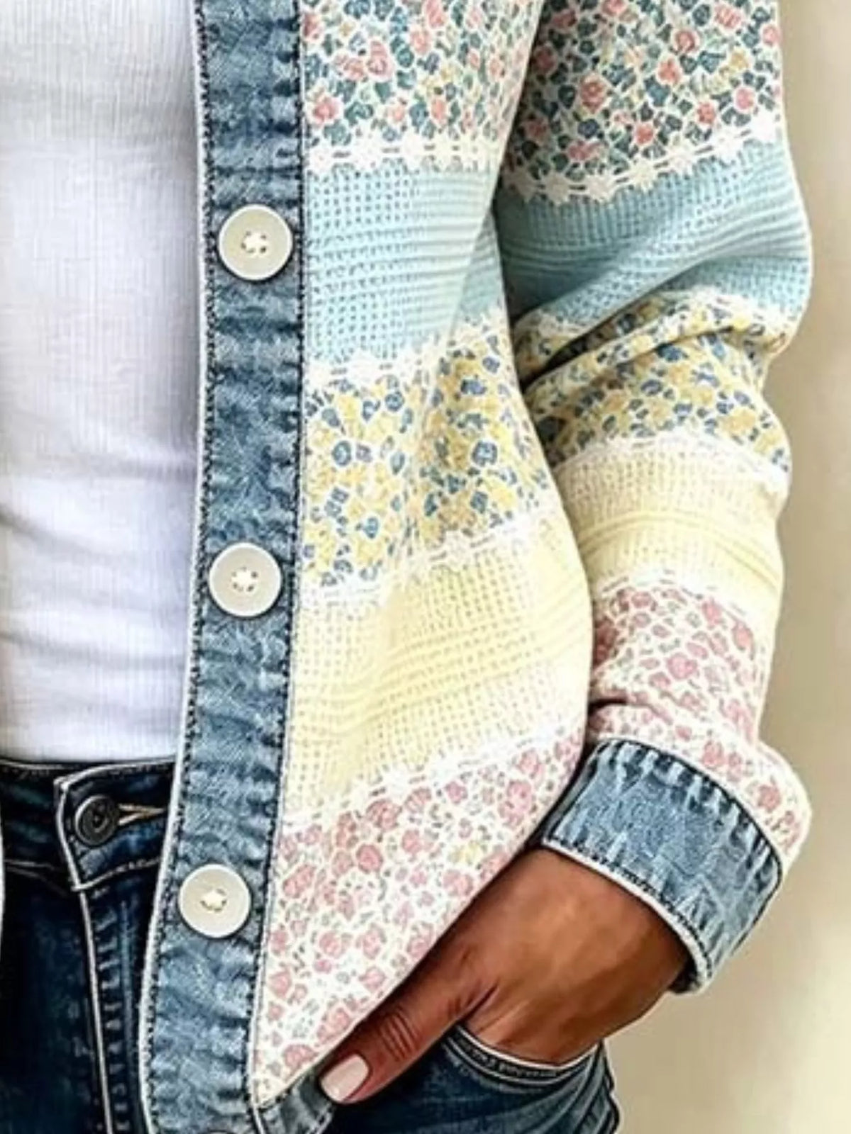Full Size Floral Patchwork Denim Trim Jacket Plus Size - Lilixa.store