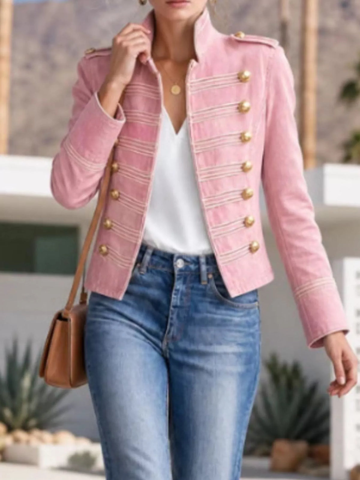 Military-Inspired Denim Jacket with Gold Button Detailing in Dusty Pink, view 2