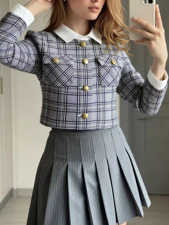 Plaid Cropped Outerwear with Contrast Collar and Gold Buttons in Gray