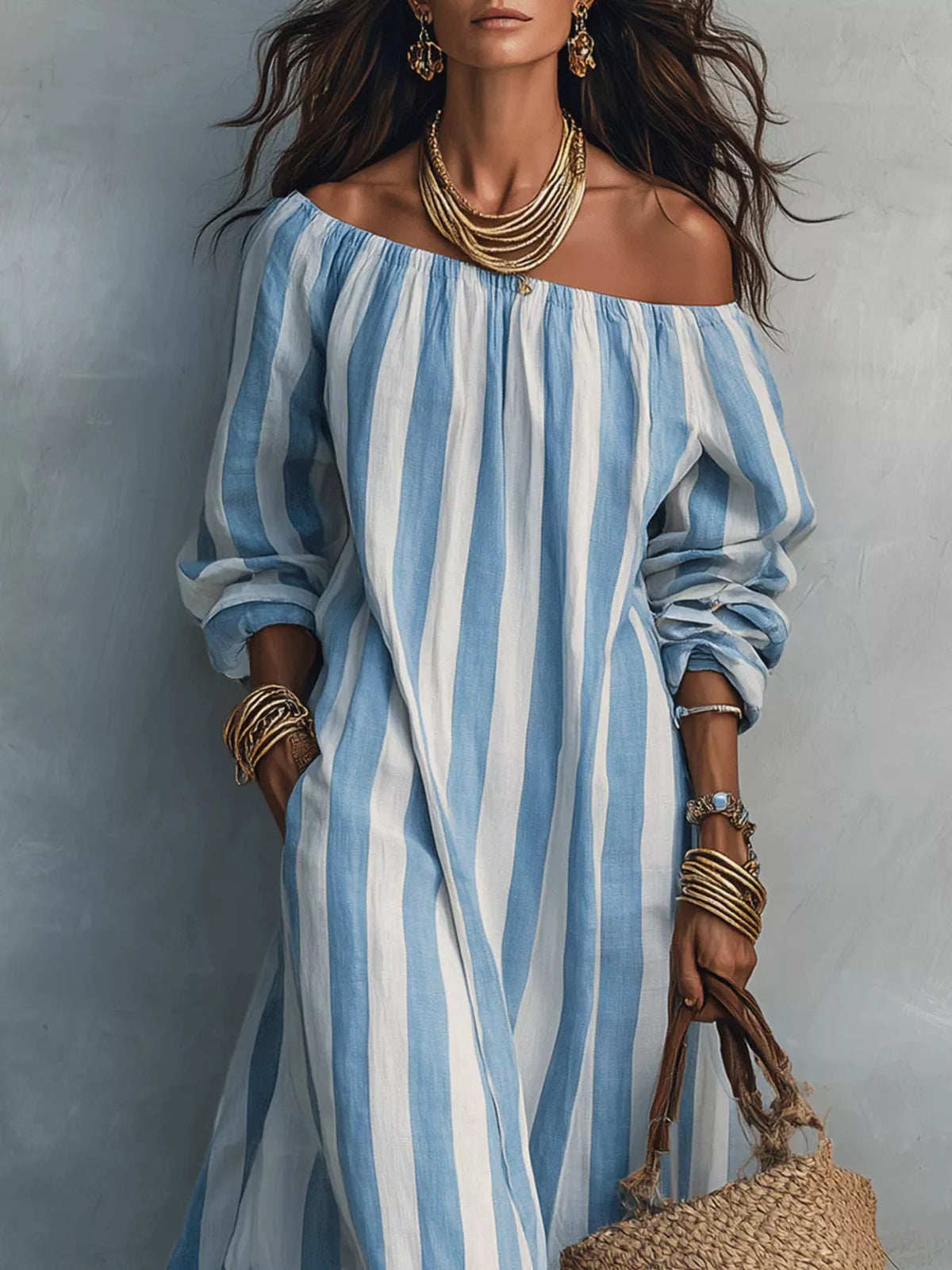 Off-Shoulder Striped Maxi Dress - Lilixa.store