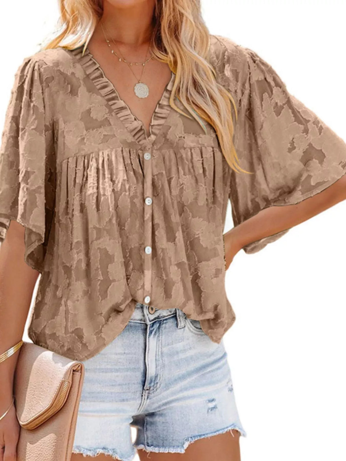 Full Size Textured V-Neck Button-Down Shirt Plus Size - Lilixa.store