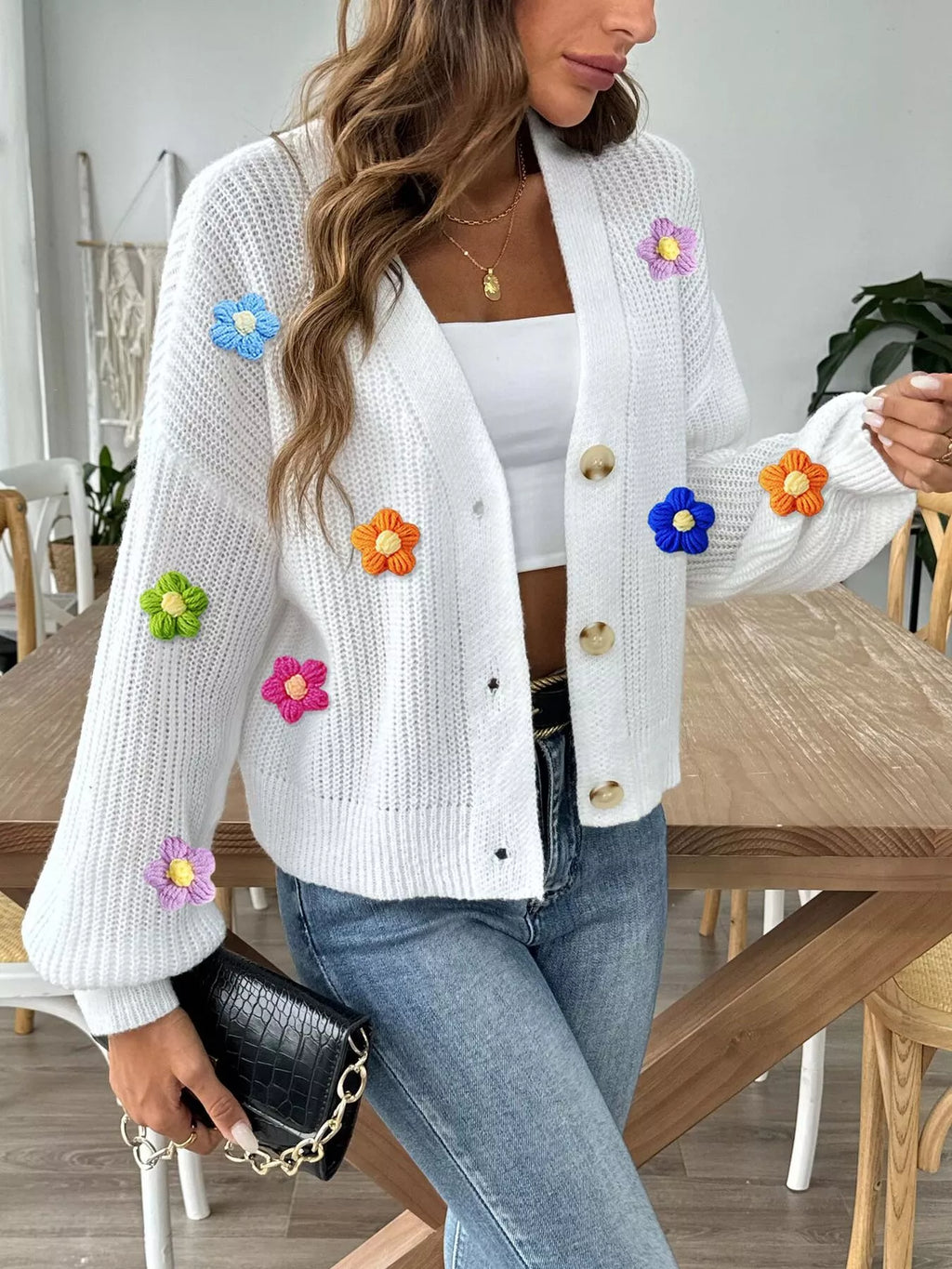 3D Floral Appliques Button Up Cardigan - Lilixa.store