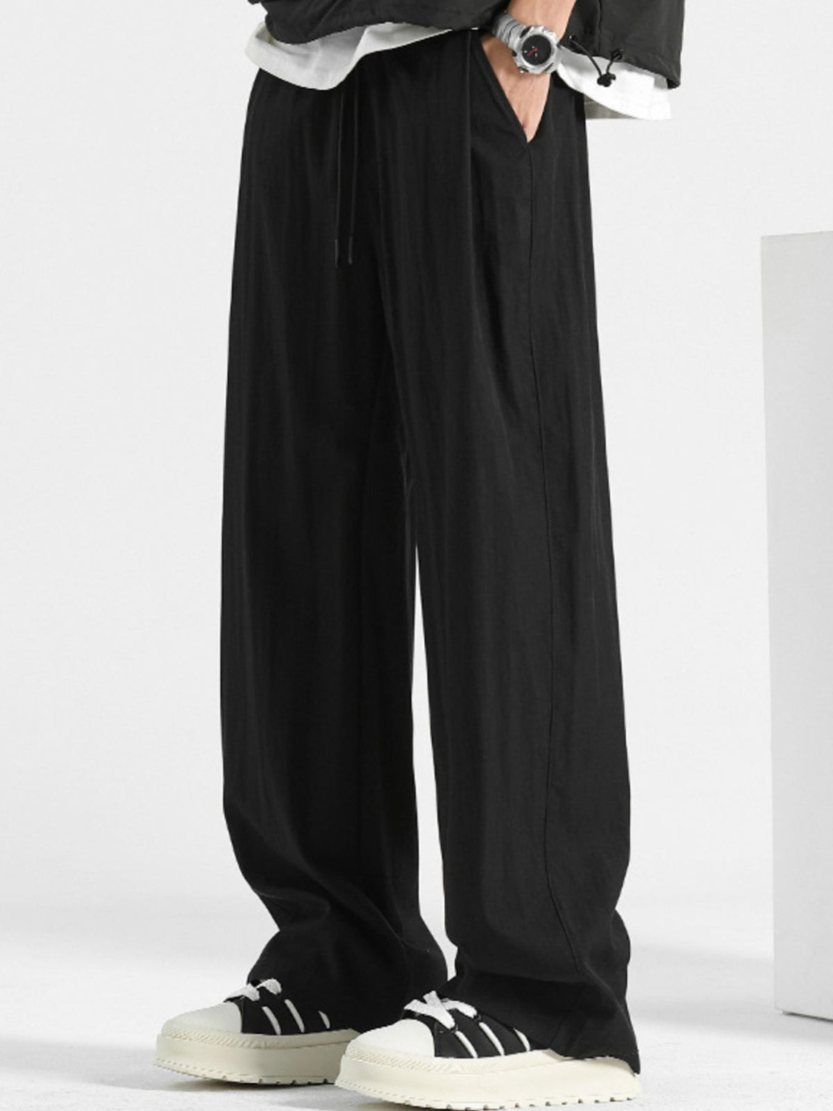 Men's Plus Size Loose Fit Drawstring Casual Pants in Black