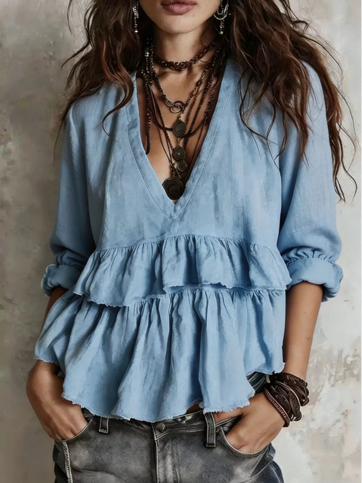 Full Size Ruffled Hem V-Neck Blouse Plus Size - Lilixa.store