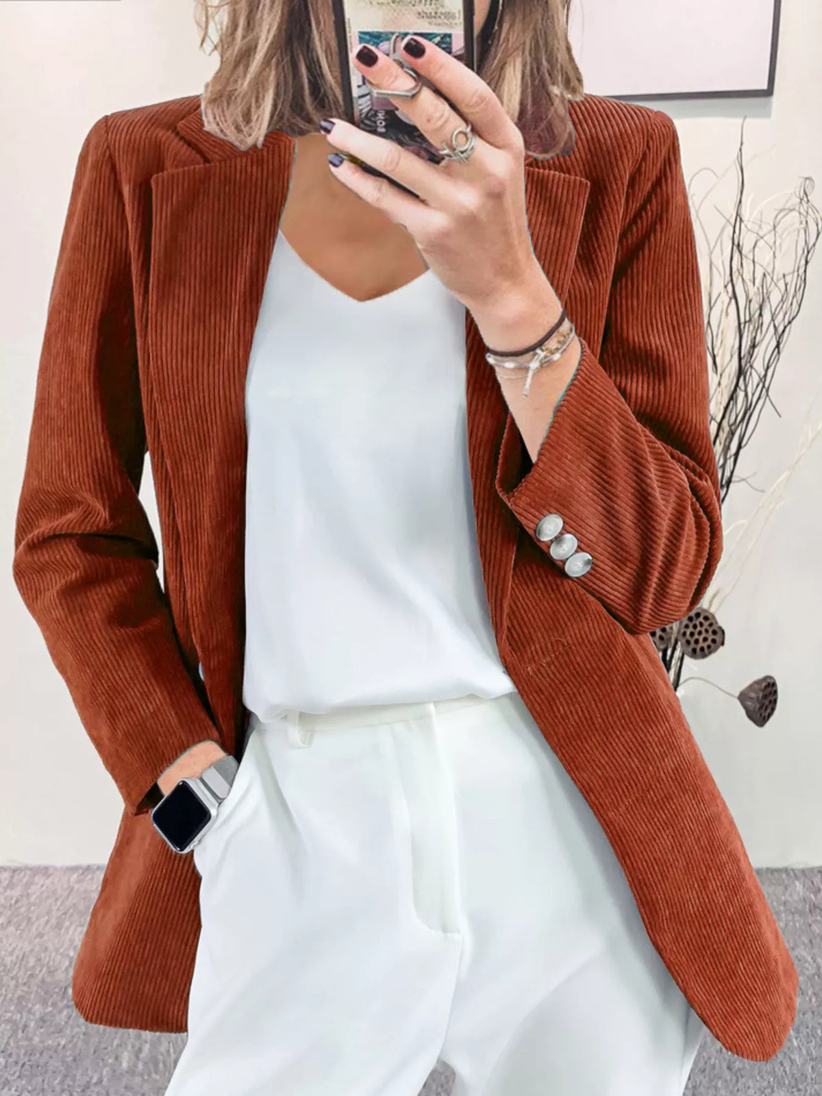 Corduroy Lapel Collar Casual Blazer in Caramel