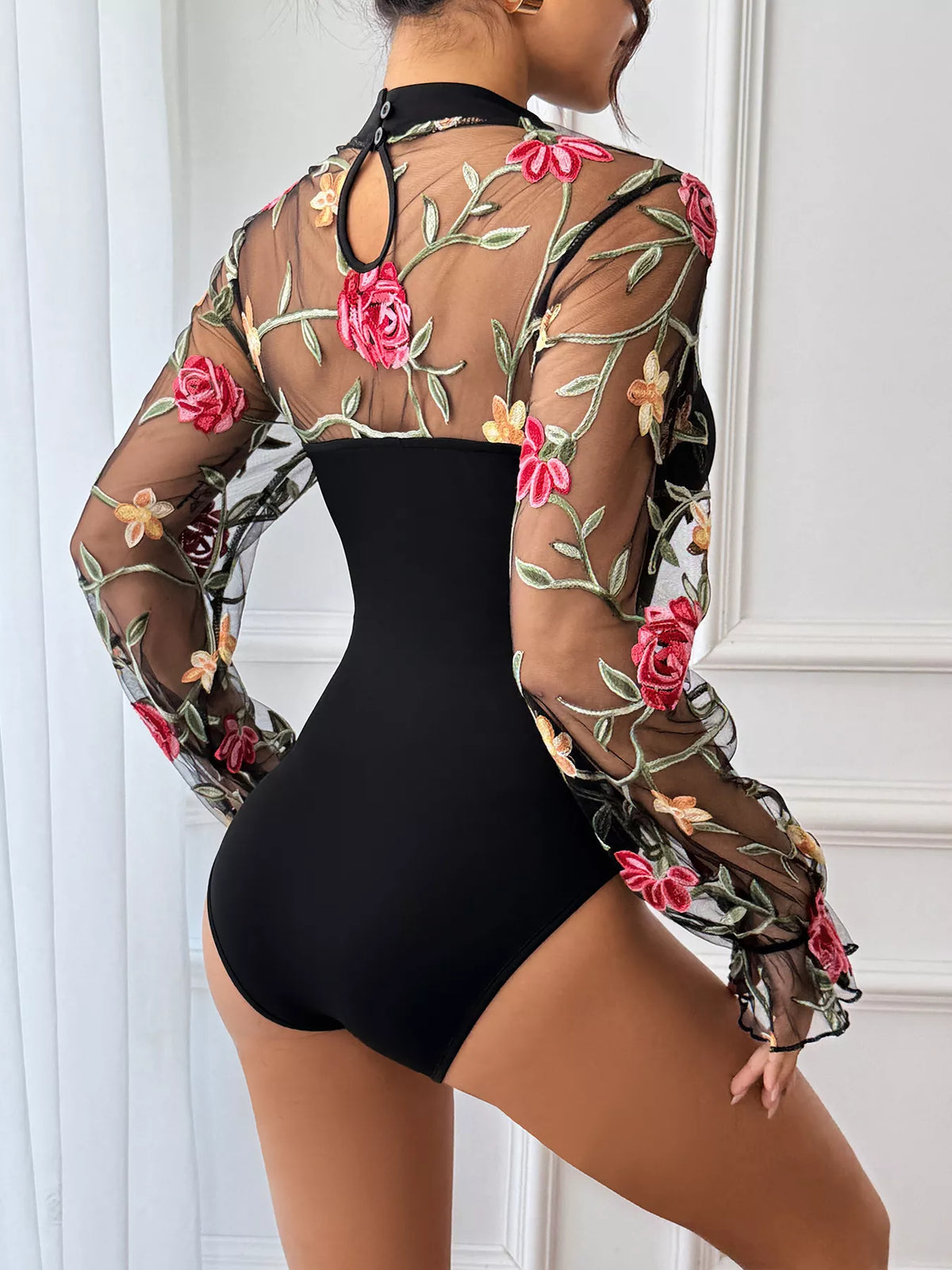 Floral Embroidered Mesh Long Sleeve Bodysuit - Lilixa.store