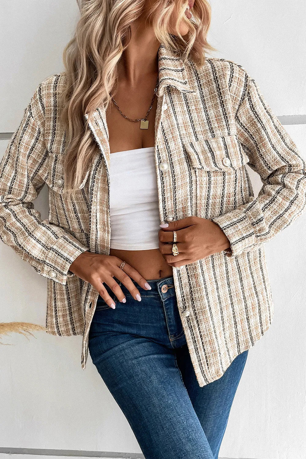 Perfee Pocketed Button Up Collared Neck Jacket in Tan, view 4