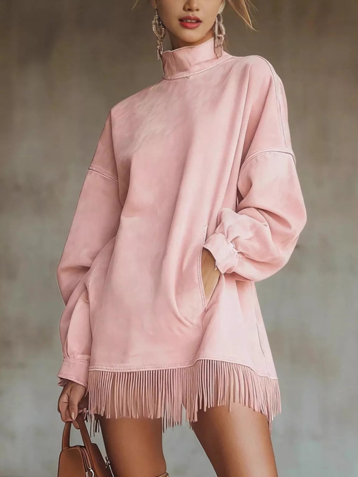 Full Size Mock Neck Fringed Hem Long Sleeve Mini Dress Plus Size