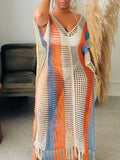 Striped Crochet Cover-Up Dress with Fringe - Lilixa.store