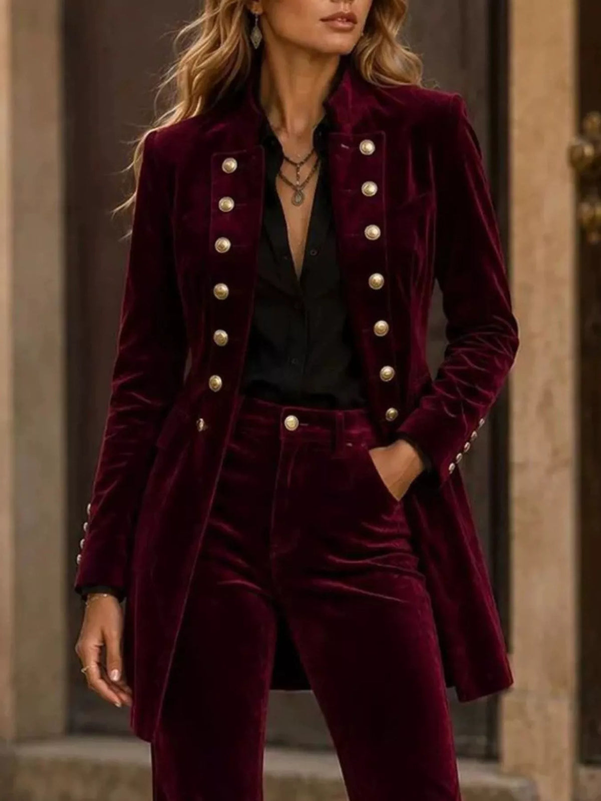 Velvet Double-Breasted Blazer and Flare Pants Set, view 3