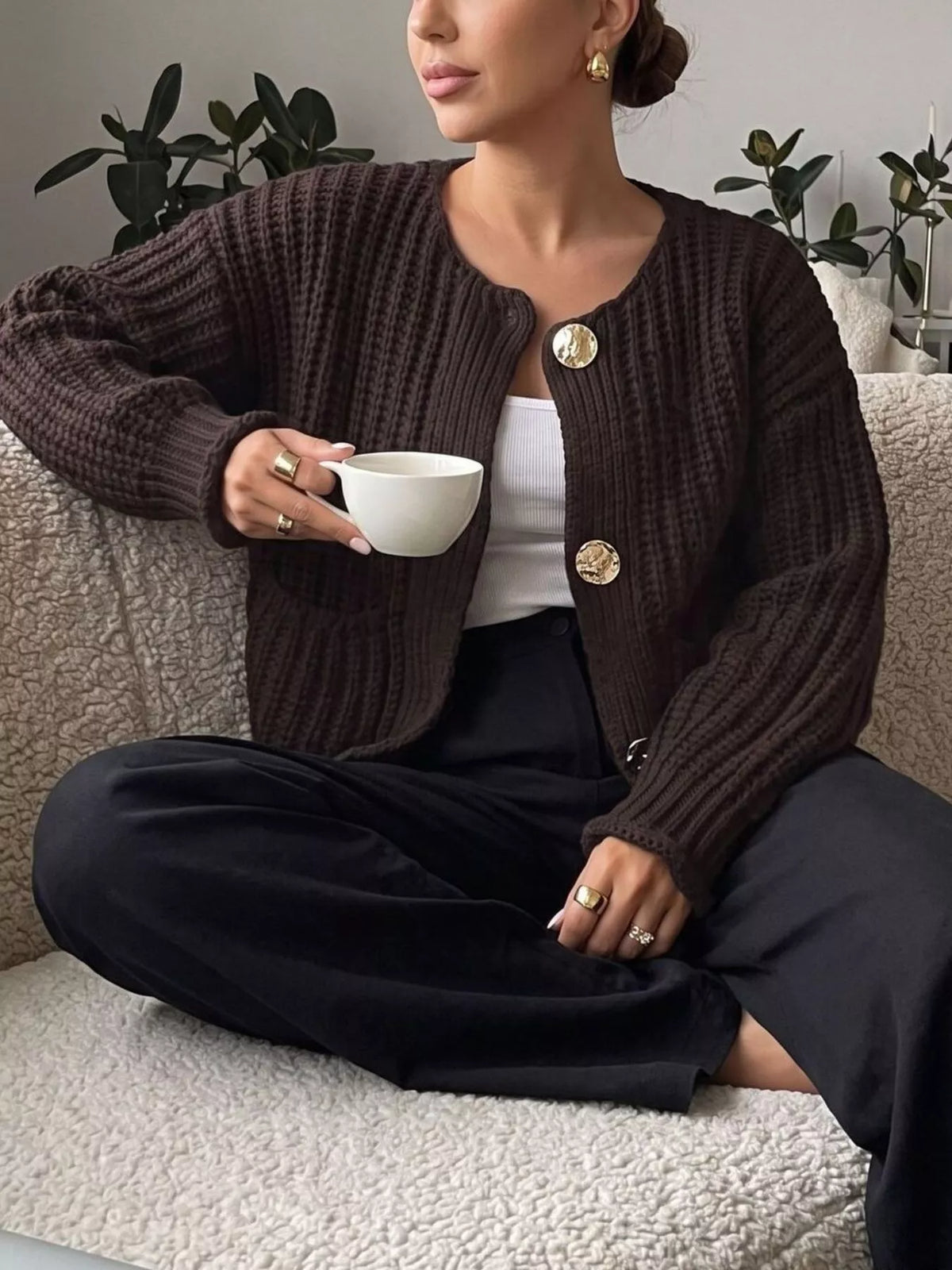 Ribbed Knit Cardigan with Gold-Tone Buttons in Coffee Brown
