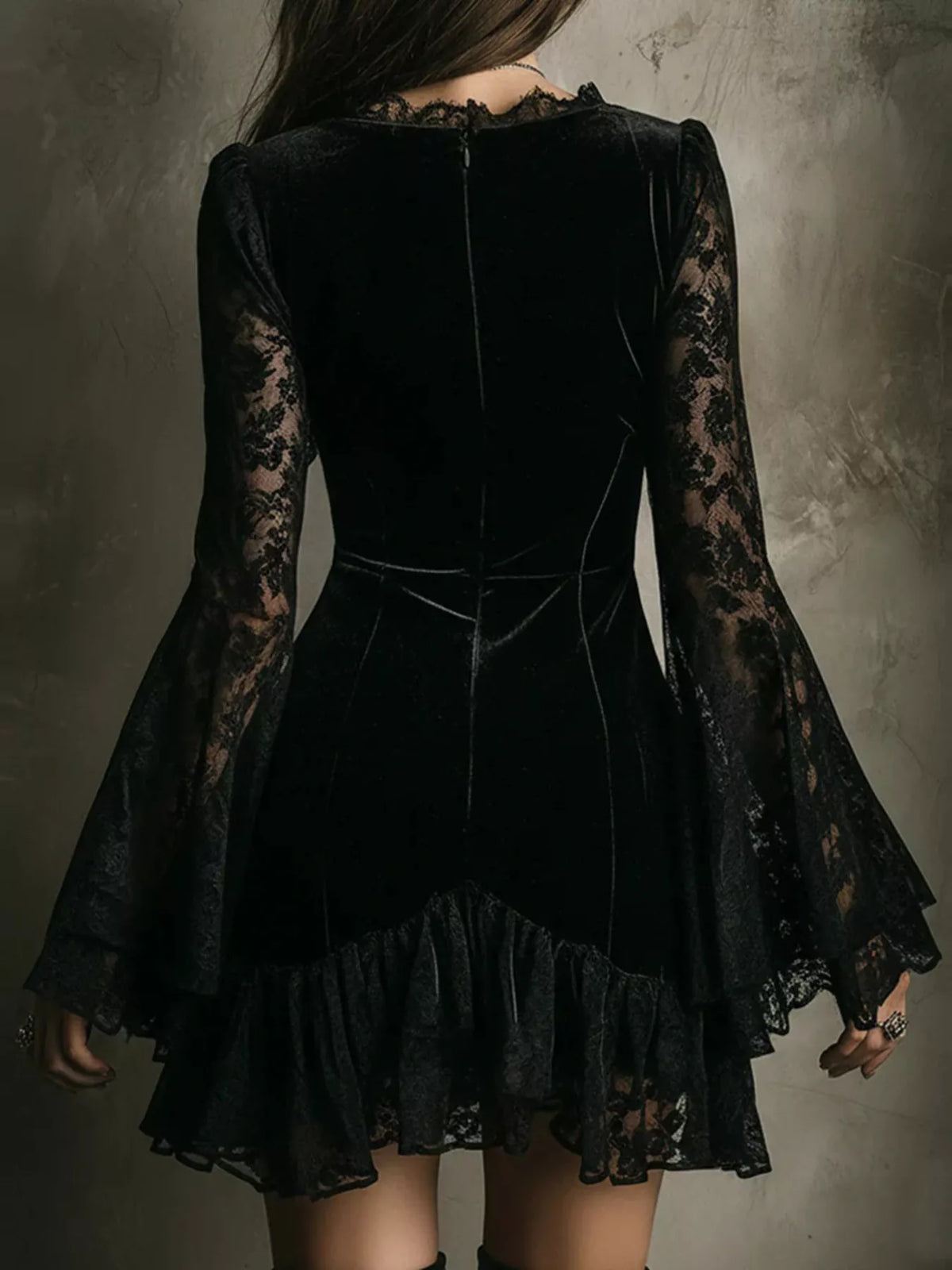Velvet Lace Trim V-Neck Mini Dress