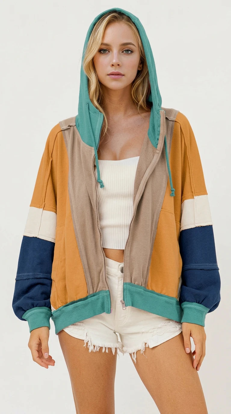 Double Take Full Size Color Block Zip Up Hoodie in Khaki