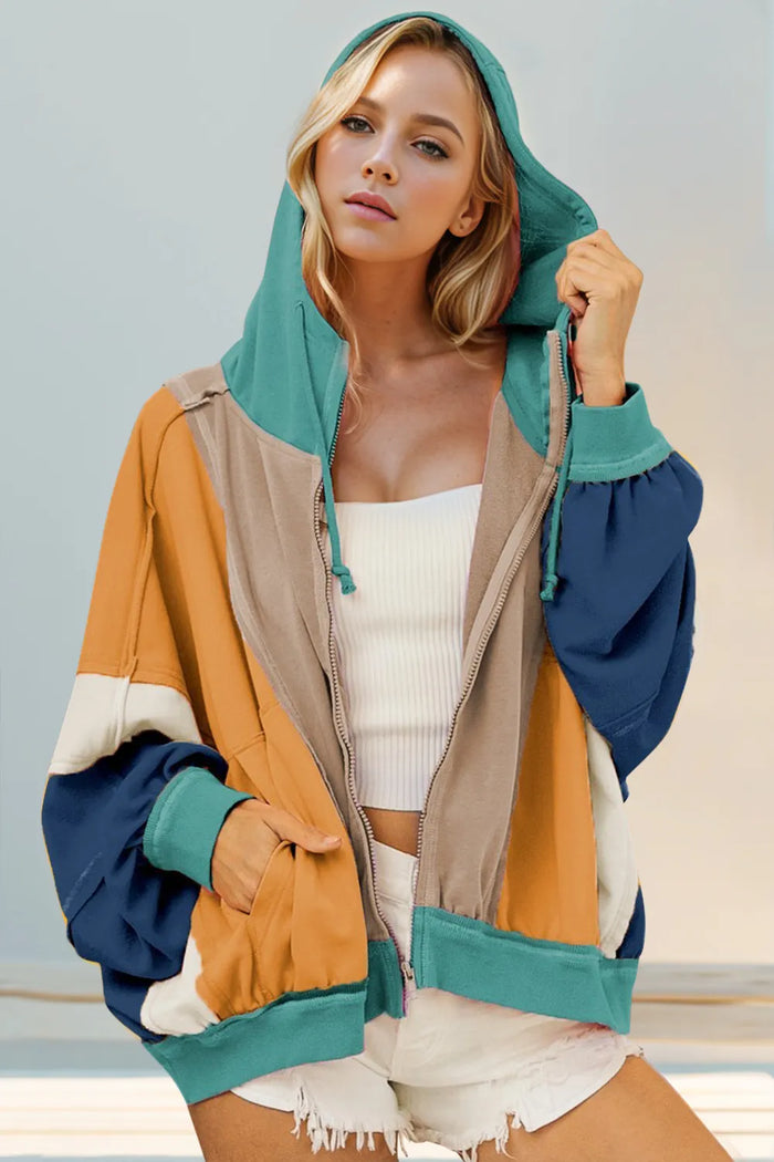 Double Take Full Size Color Block Zip Up Hoodie in Khaki