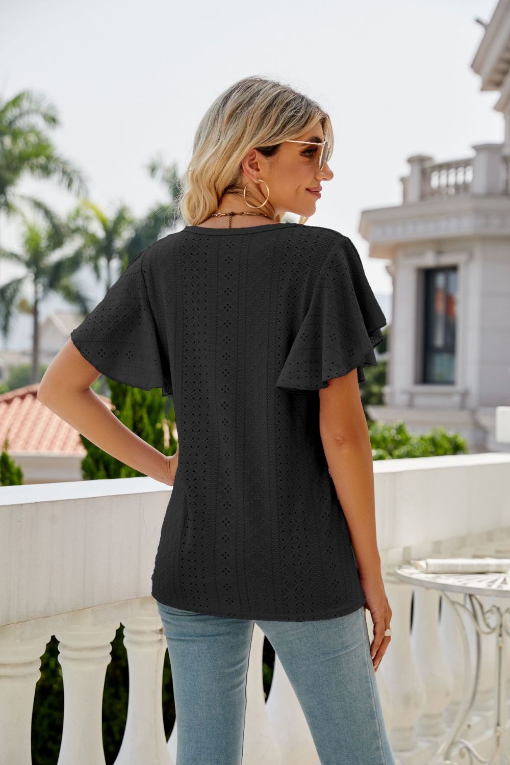 Eyelet Flutter Sleeve Round Neck Top, view 12