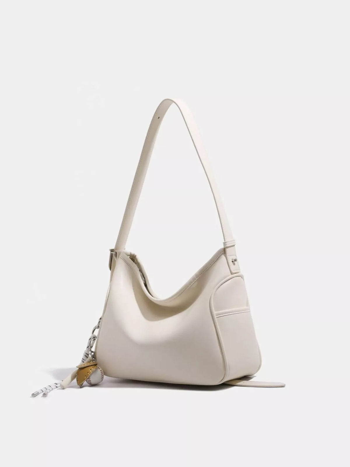 Hobo Shoulder Bag with Decorative Charms in Off-white, view 3