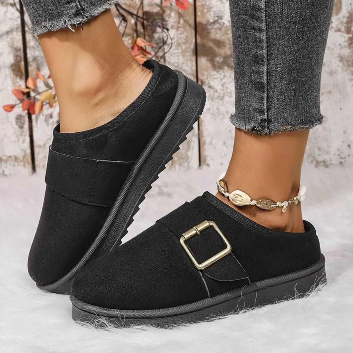 Buckle Decor Plush Lined Warm Slippers - Lilixa.store