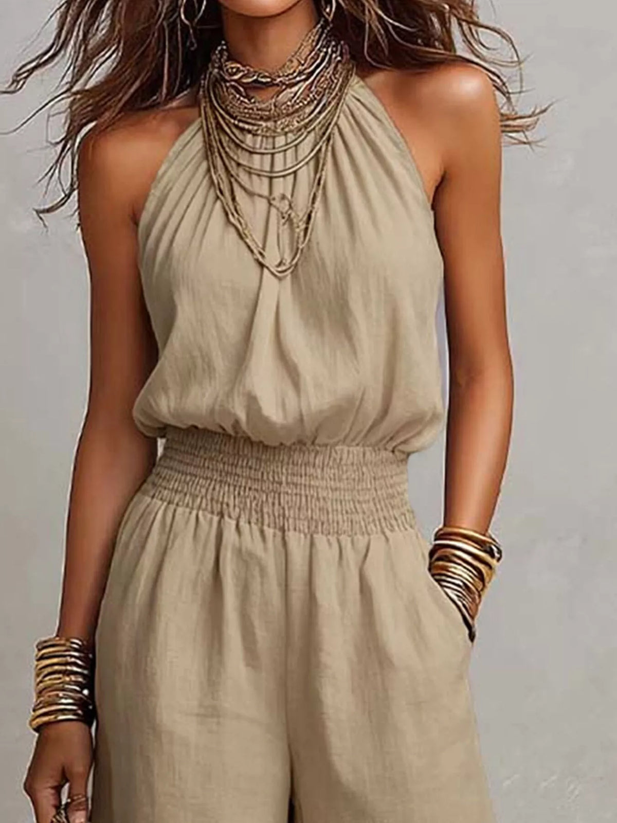 Halter Neck Wide-Leg Jumpsuit with Smocked Waist - Lilixa.store