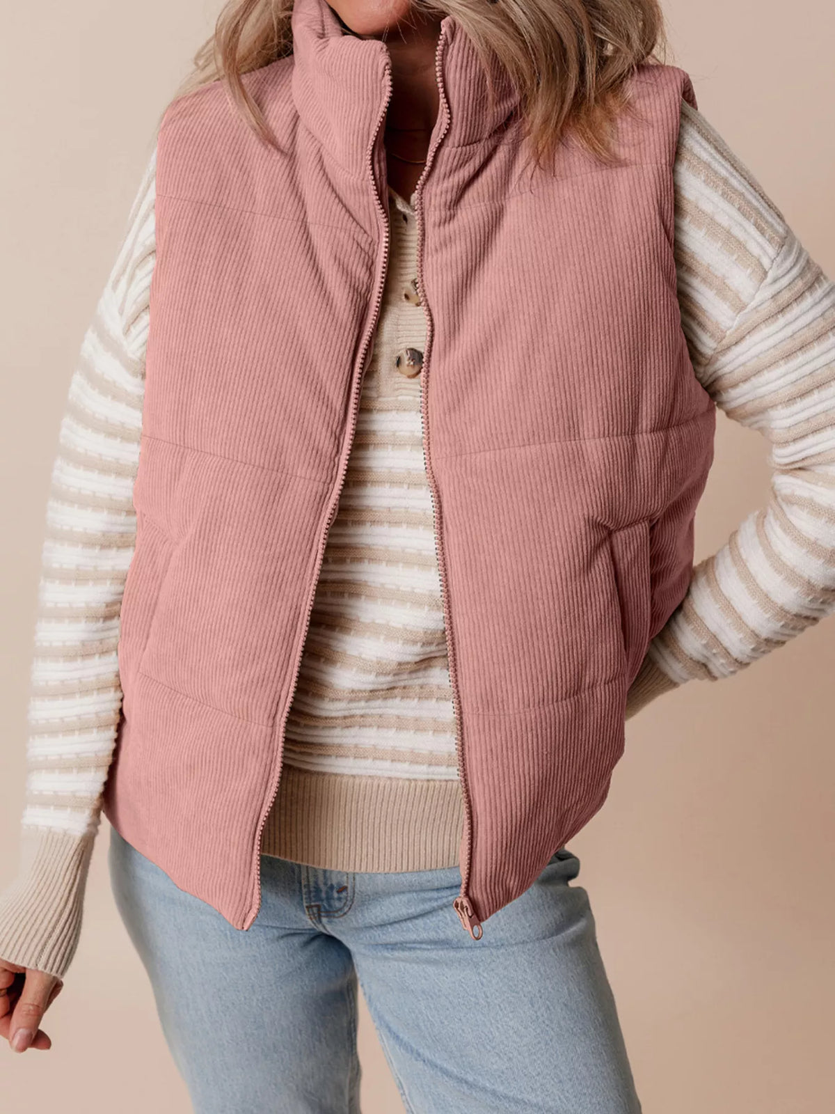 Corduroy Stand Neck Zipped Puffer Vest - Lilixa.store