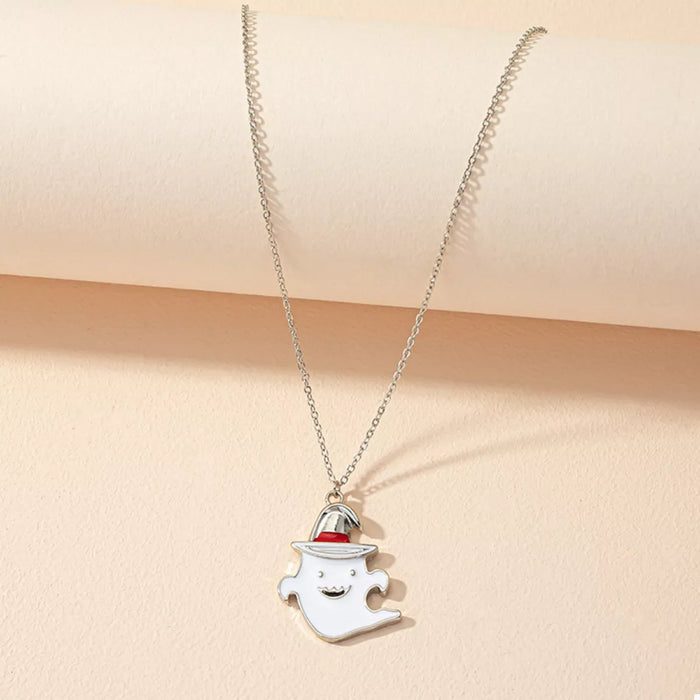 Halloween Cute Ghost Pendant Necklace in Silver