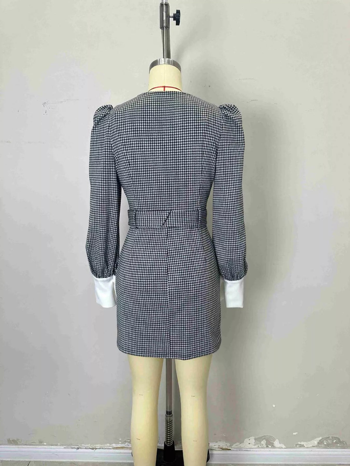 Contrast Collar Houndstooth Mini Dress