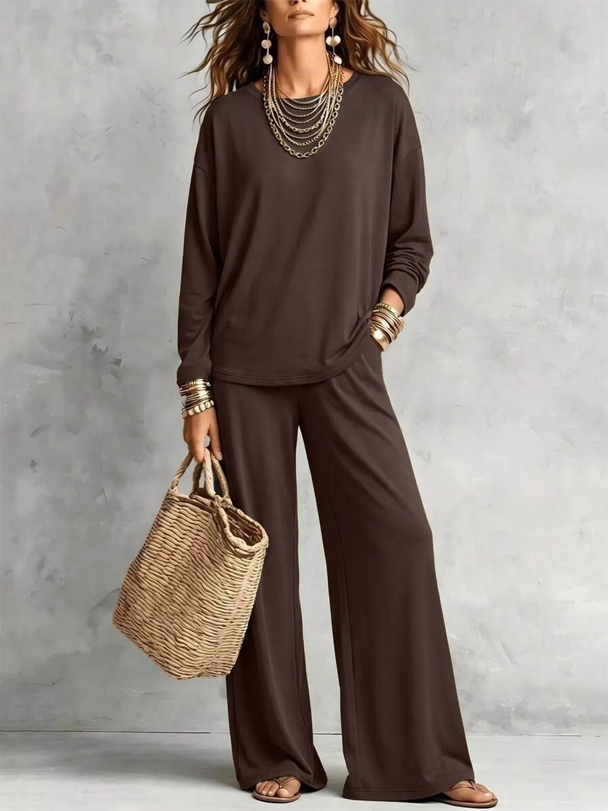 Round Neck T-Shirt and Wide-Leg Pants Set - Lilixa.store
