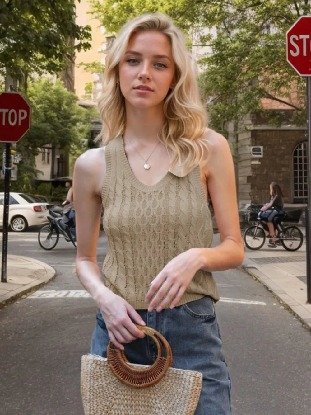 Cable-Knit V-Neck Knit Tank, view 2