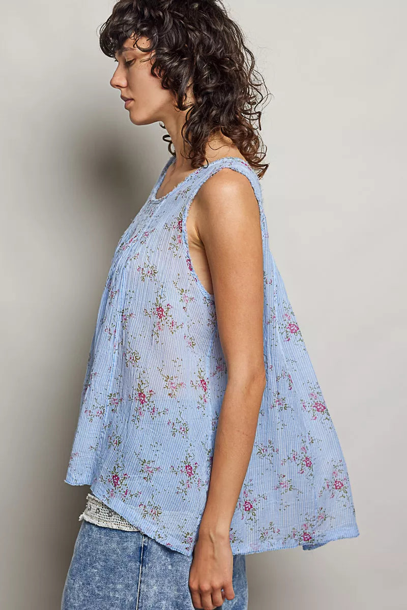 POL Round Neck Sleeveless Floral Pleated Cotton Top - Lilixa.store