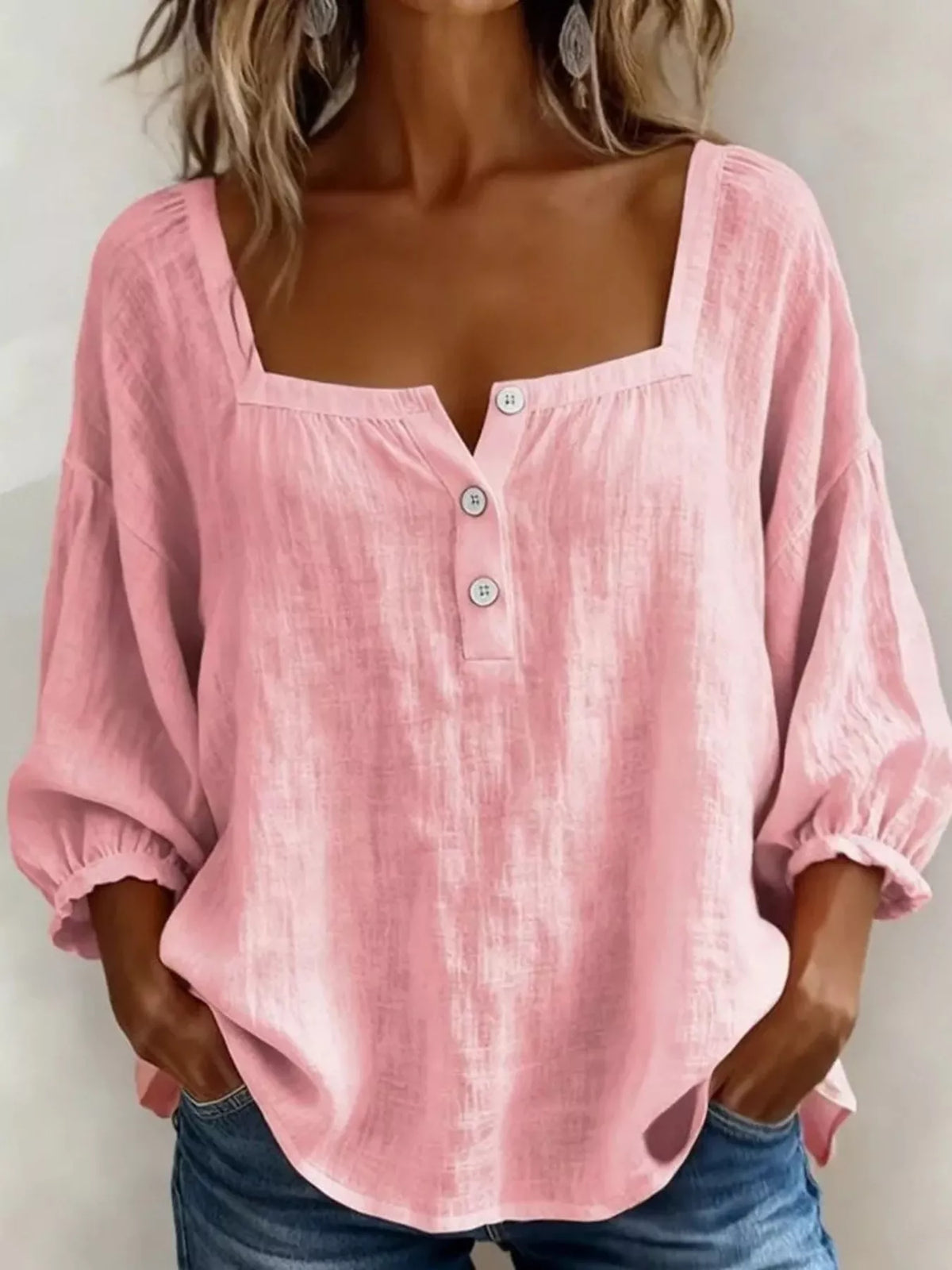 Full Size Square Neck Button Detail Blouse Plus Size - Lilixa.store