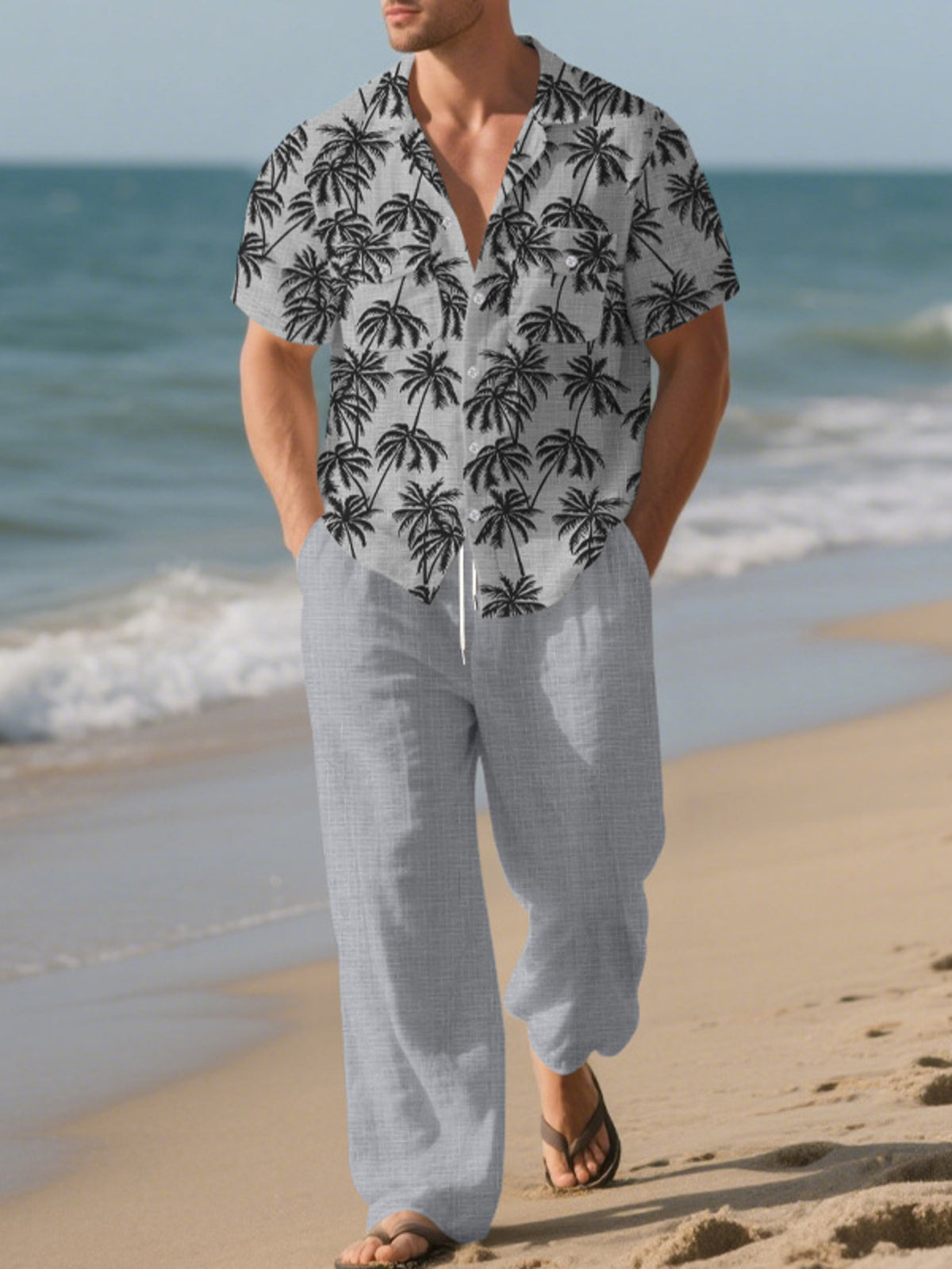 Men's Full Size Tropical Palm Print Button Up Shirt and Pants Set Plus Size - Lilixa.store