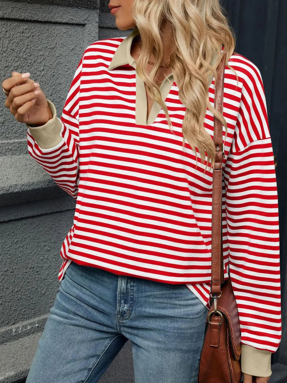 Striped Johnny Collar Long Sleeve Sweatshirt - Lilixa.store
