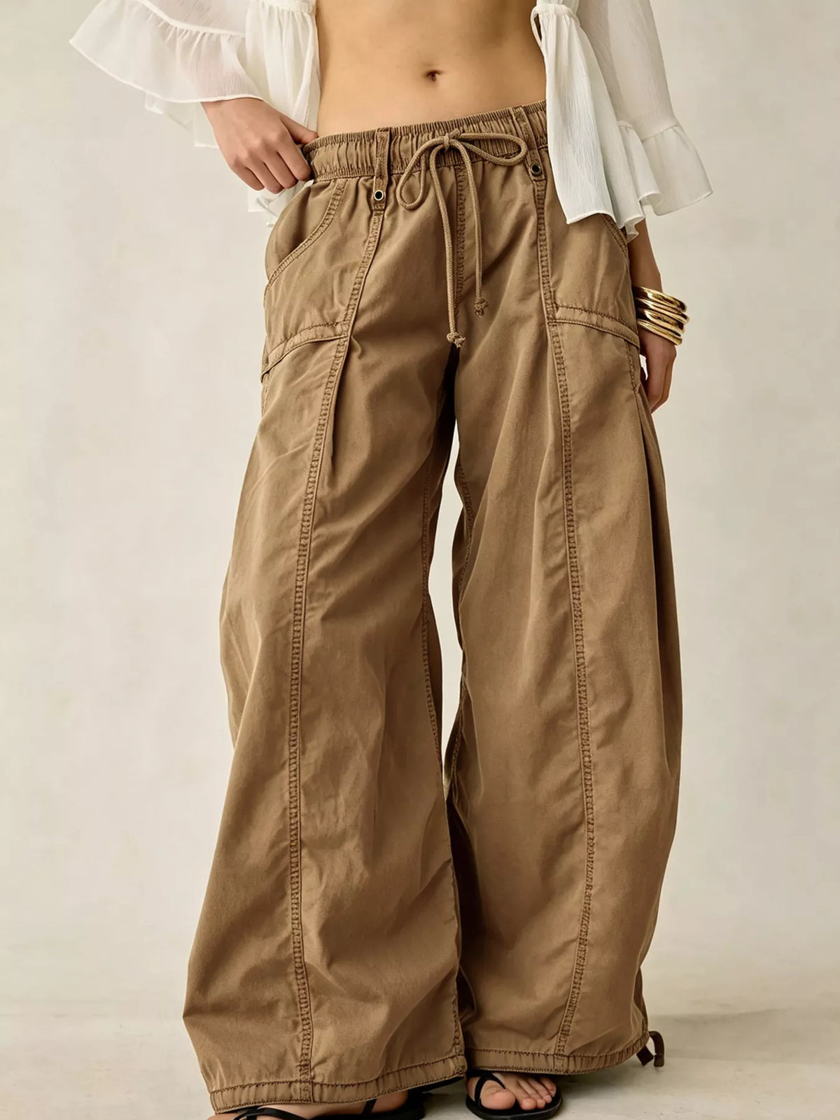 High-Waisted Cargo Wide-Leg Pants in Khaki