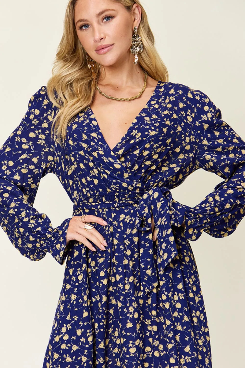 Double Take Full Size Tie Back Flounce Sleeve Dress in Dark Blue, view 4