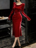 Velvet Cowl Neck Long Sleeve Midi Dress - Lilixa.store