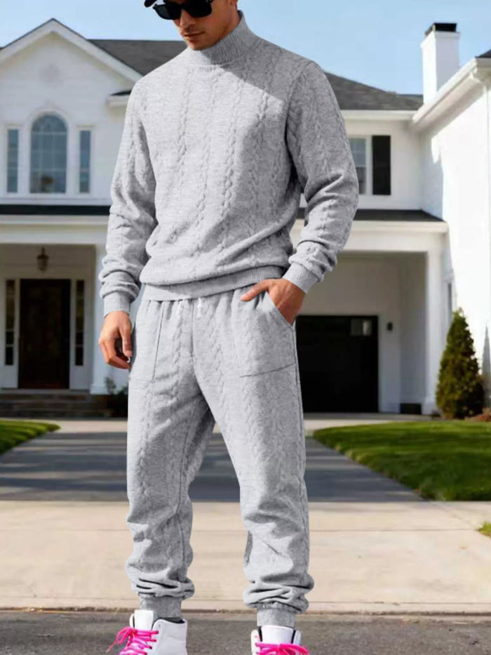 Men's Full Size Cable Knit Mock Neck Sweater and Joggers Set Plus Size in Light Gray