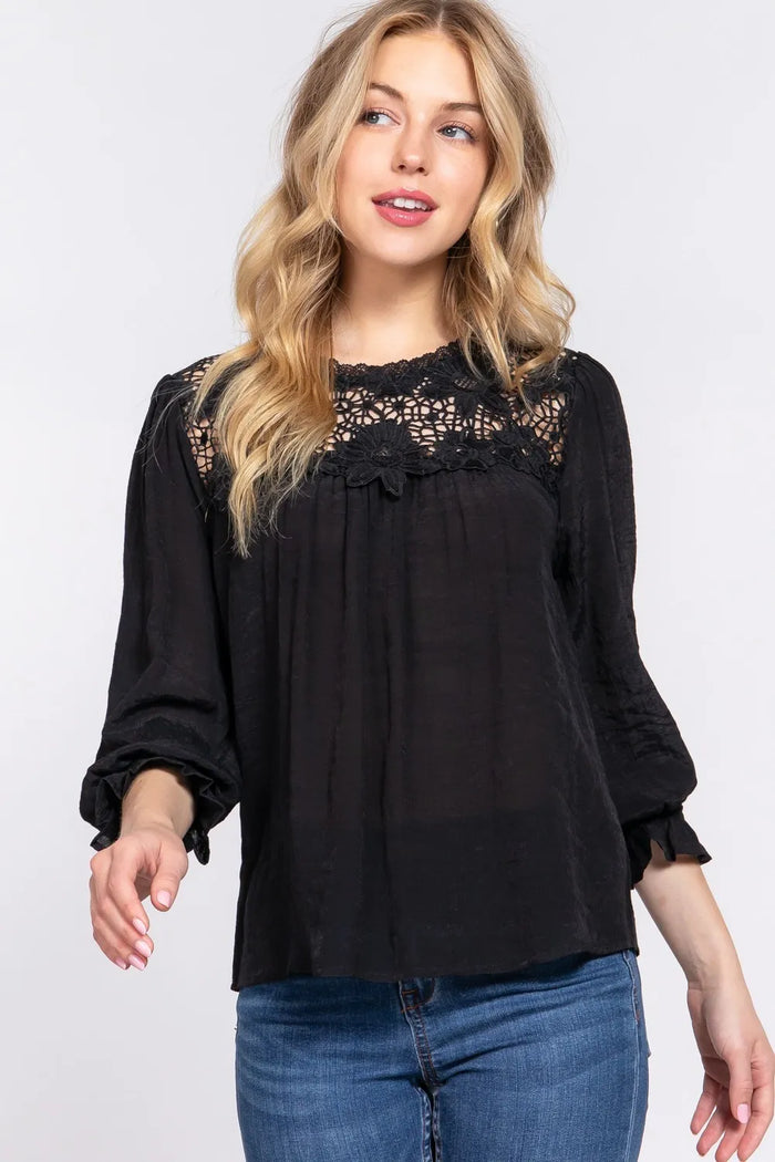 ACTIVE BASIC Crochet Lace Panel Flounce Sleeve Blouse - Lilixa.store