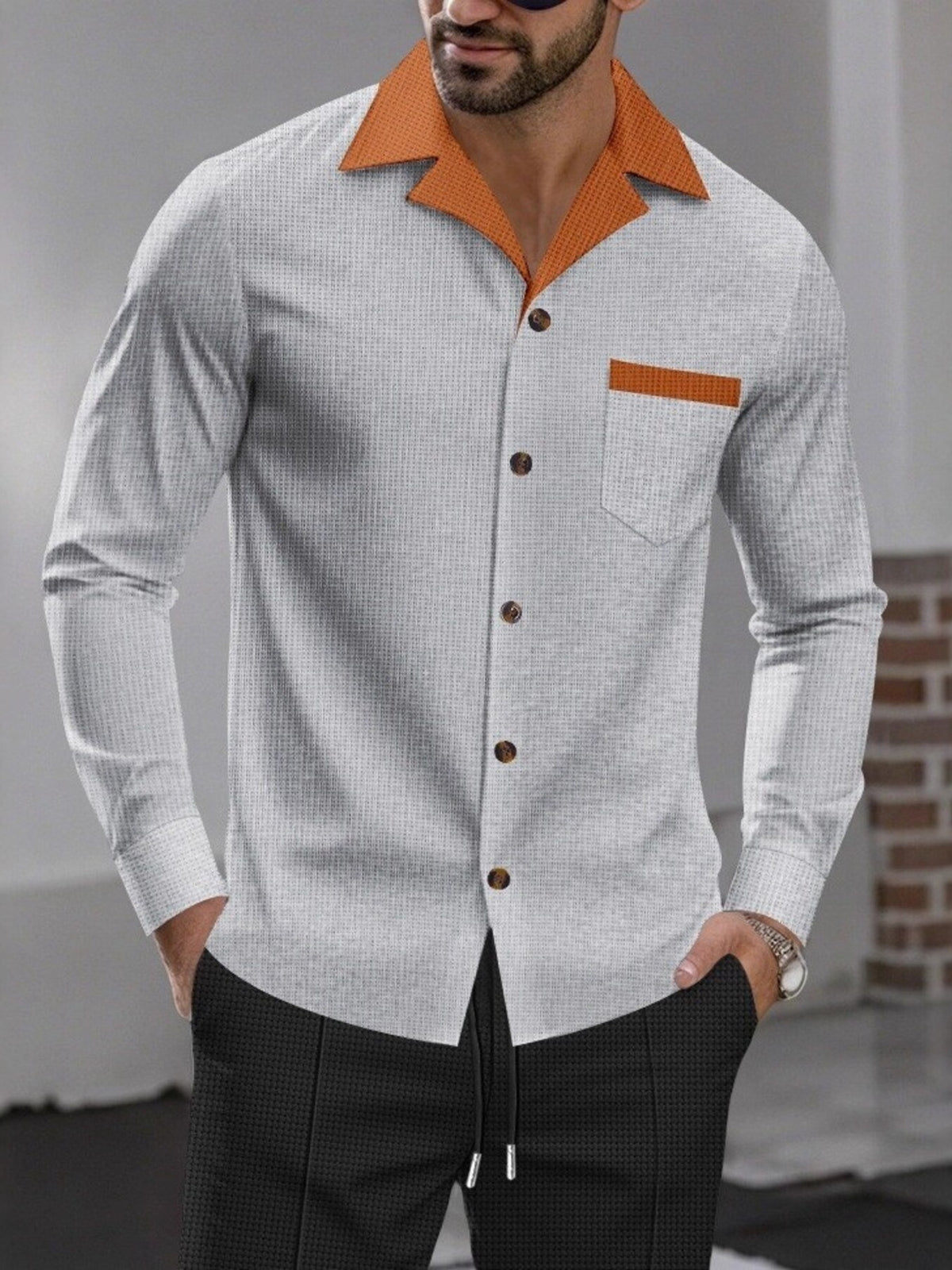 Men's Full Size Contrast Collar Button Up Shirt Plus Size