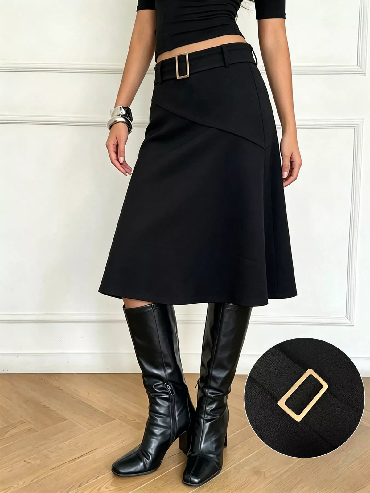 High-Waisted A-Line Midi Skirt with Belted Detail in Black, view 3