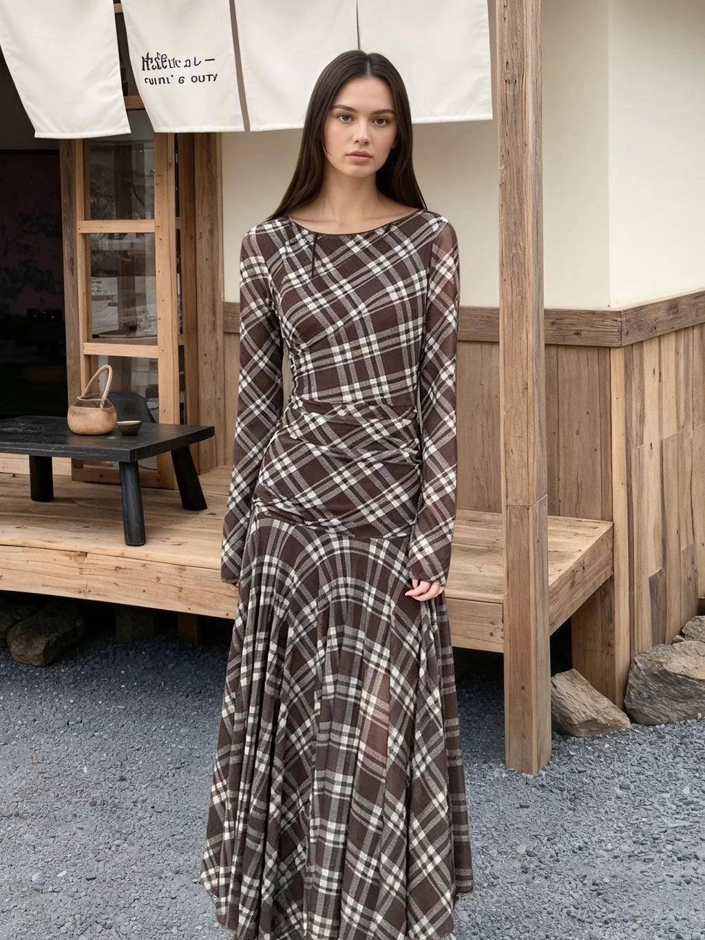 Plaid Long-Sleeve Slim-Fit Maxi Dress - Lilixa.store