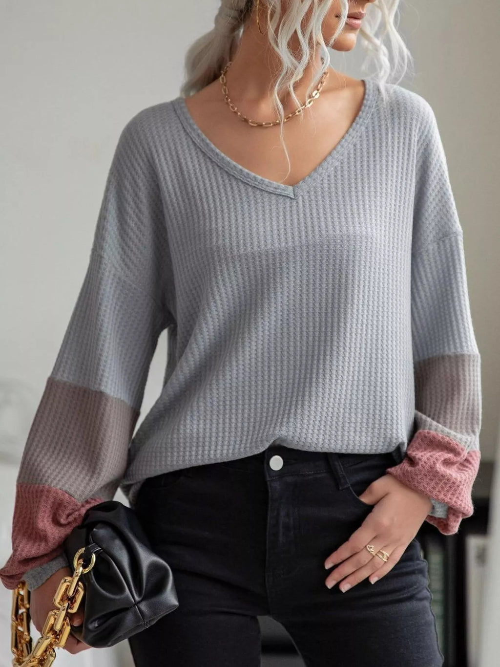 V-Neck Waffle Knit Long Sleeve T-Shirt - Lilixa.store