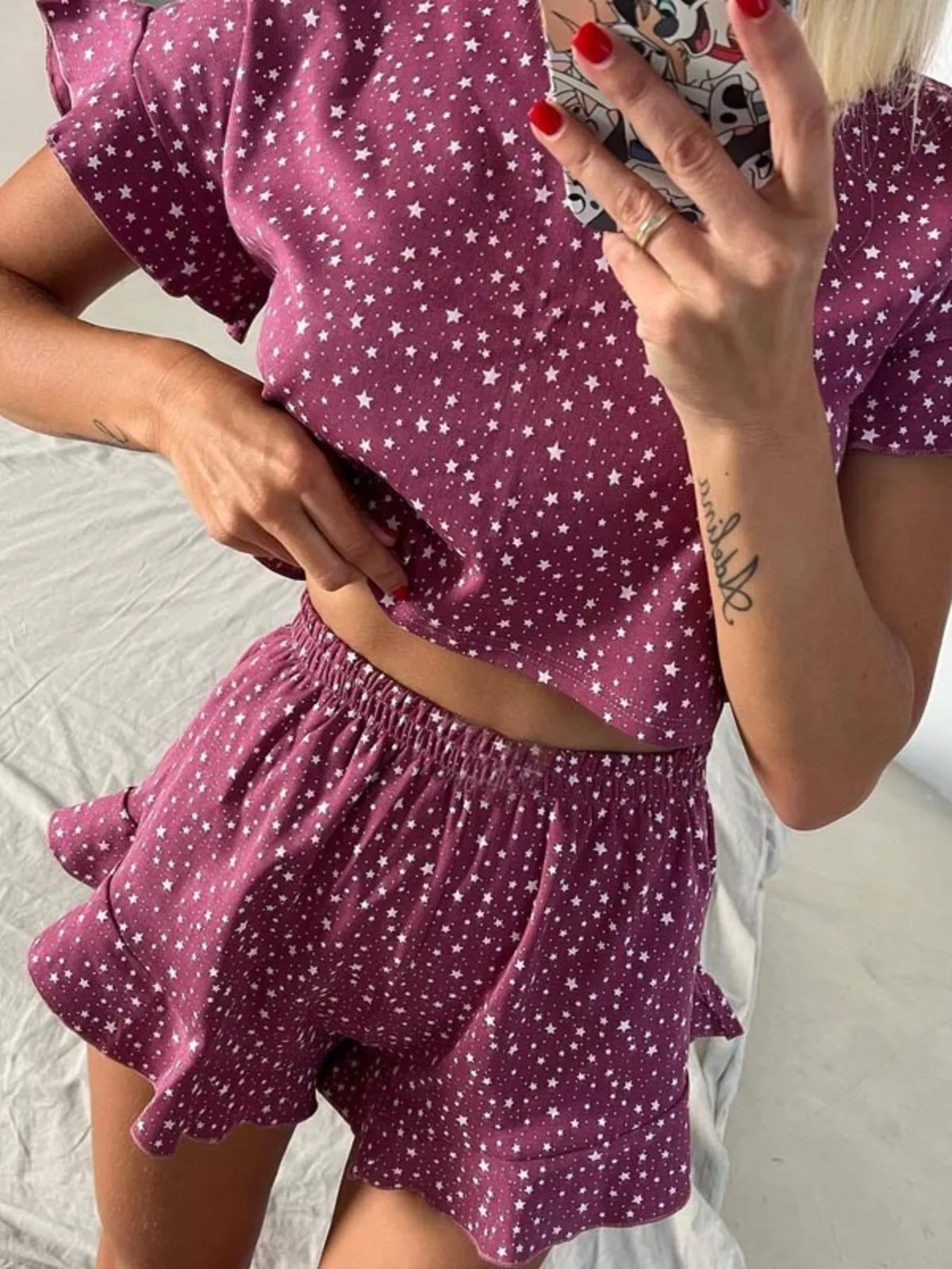 Printed Crop Top and Ruffled Shorts Lounge Set - Lilixa.store