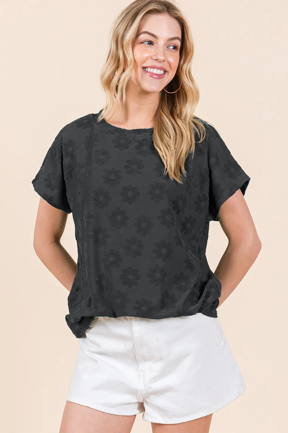 BOMBOM Textured Floral Pattern Short Sleeve T-Shirt - Lilixa.store